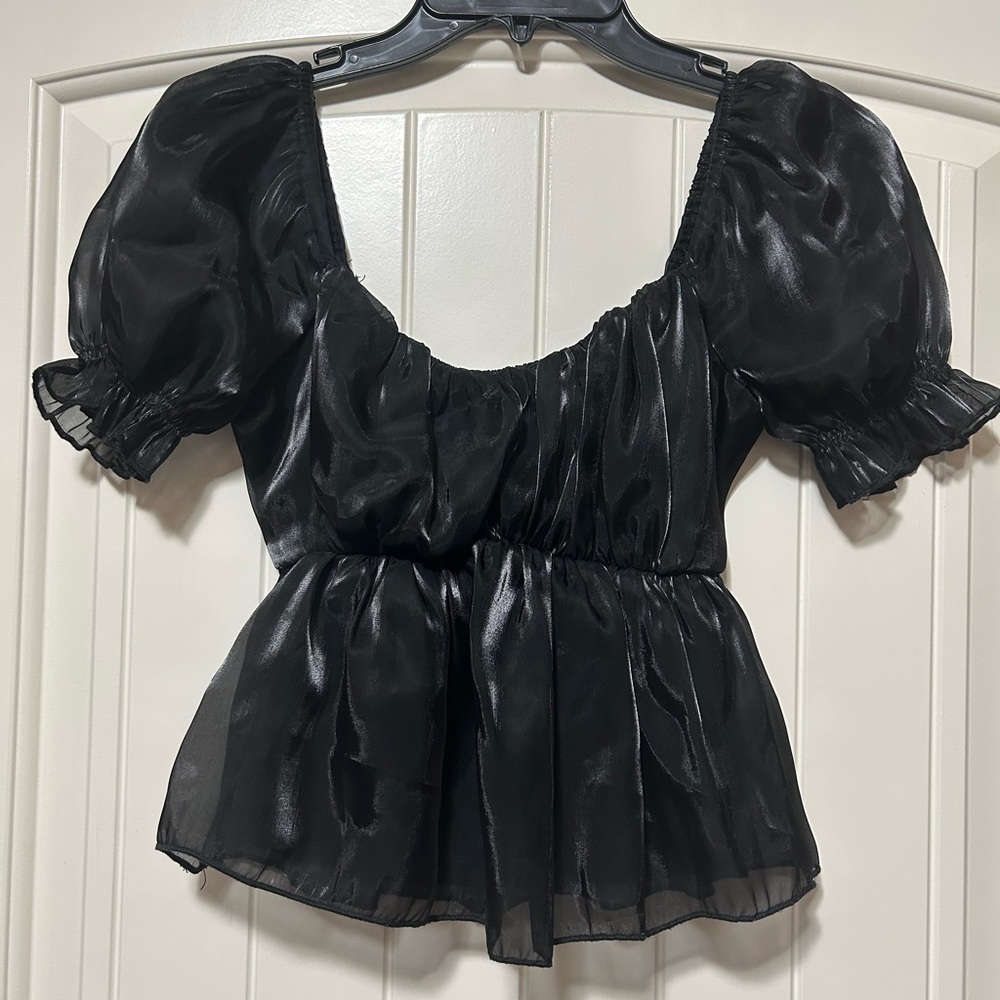 Chic Black Sheer Puff Sleeve Blouse